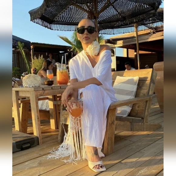 Zara 100% linen fringed macrame white dress Size M - Picture 4 of 17